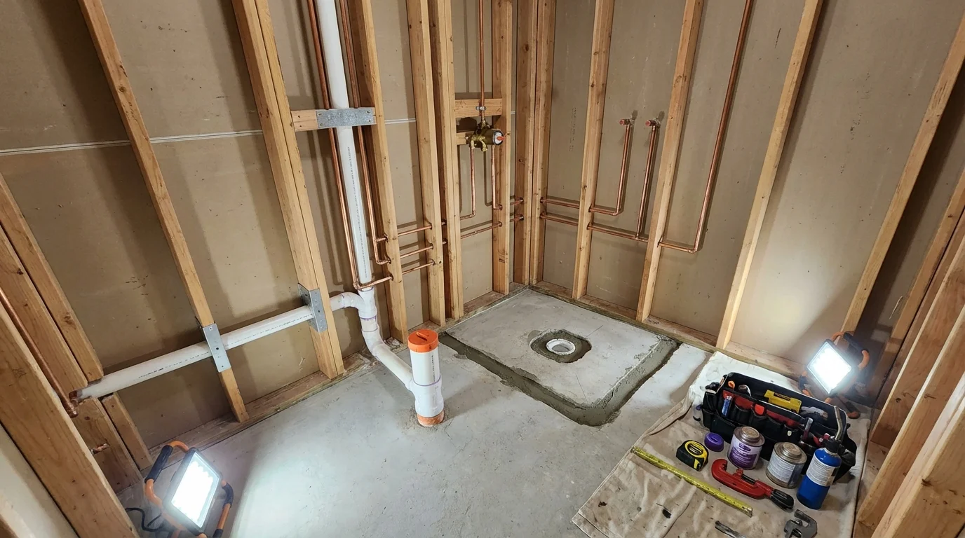 Bathroom rough-in plumbing during remodel by Johns Plumbing LLC in Ellenville