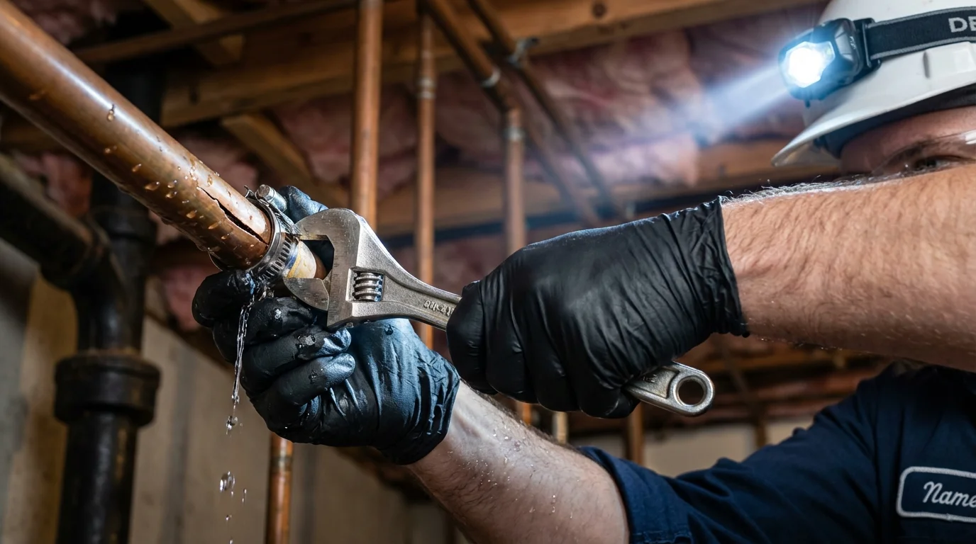 Emergency pipe clamp repair being performed by a Johns Plumbing LLC plumber in Ellenville