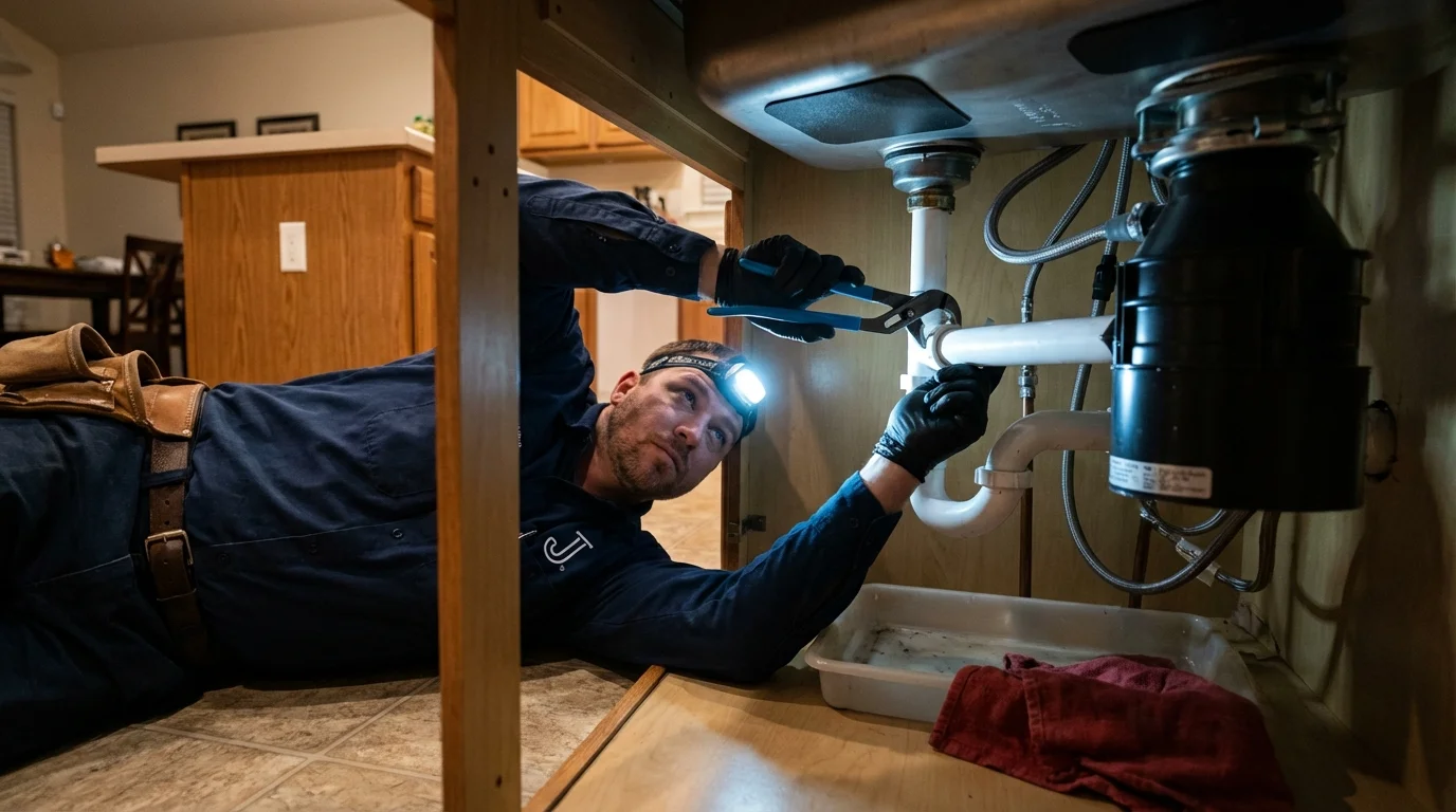 P-trap and supply line connections under a kitchen sink showing a common leak point in Ellenville, NY